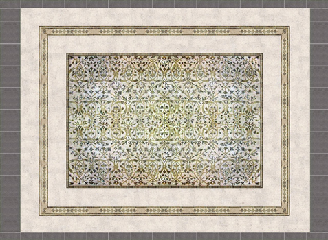 The mosaic tile floor pattern was developed using a scan of an actual mock-up and computer modified to complete the full design pattern and border within a quartzite frame.  The entire floor was then plotted at full size for use as a template and six panels were fabricated for installation.  The panels were set and completed on-site with small tiles to integrate the panels seamlessly.