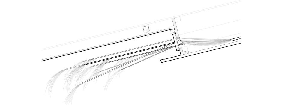 Section drawing showing tube location between glass ceiling and wood ceiling.  Mechanical ventillation grills are placed between tube panels. 